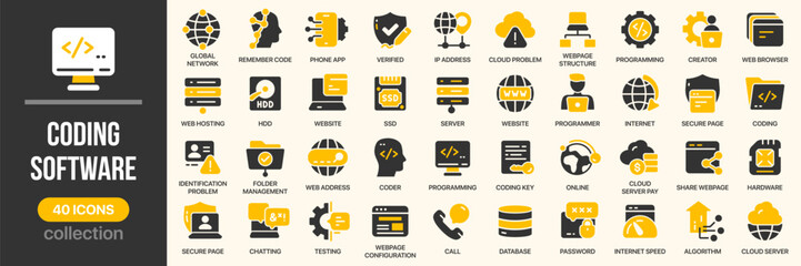 Coding and software fill icon collection. Set of programming, internet, technology, computer, and development icons. Created in colored style with yellow and gray palette