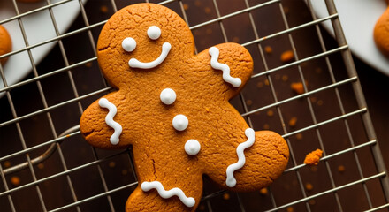 Freshly Baked Gingerbread Man Cookie with White Icing Decoration Resting on a Cooling Rack