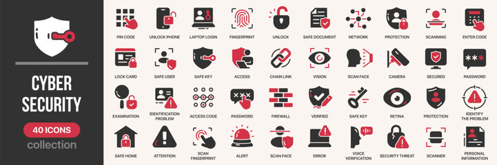 Cyber security fill icon collection. Includes protection, password, scanning, firewall, and safe access icons. Created in colored style with red and gray palette