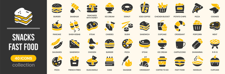 Snacks and fast food fill icon collection. Set of burger, pizza, fries, sandwich, and sweet icons. Created in colored style with yellow and gray palette