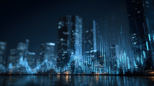 Illuminated city skyline displays digital data visualization above water at night