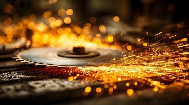 Circular saw blade generates intense shower of bright orange sparks during metalworking