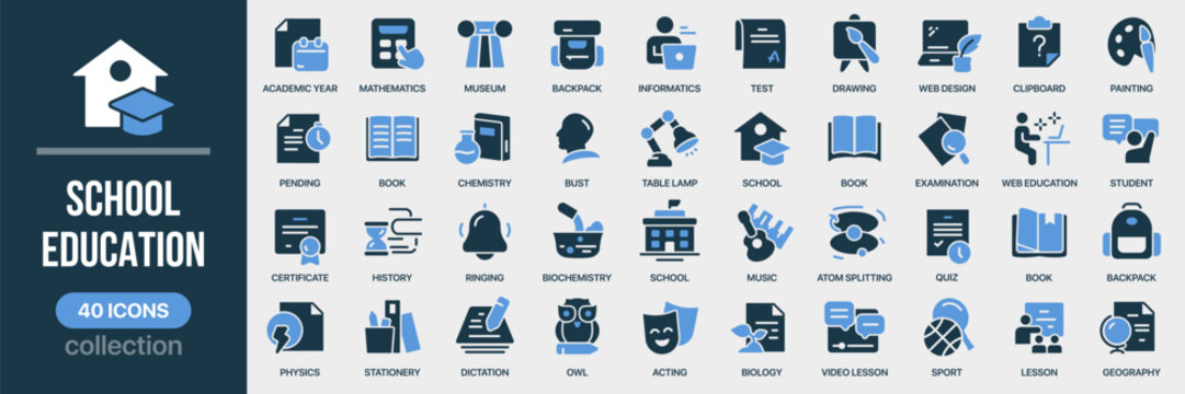 School and education fill icon collection. Set of students, books, chemistry, and class icons. Created in colored style with blue palette