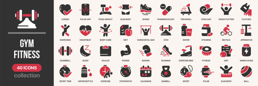 Gym and fitness fill icon collection. Includes exercise, workout, bodybuilding, health, and sport icons. Created in colored style with red palette