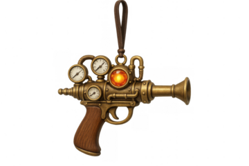 Steampunk raygun ornament with pressure gauges and glowing energy cell, vintage science fiction weapon design