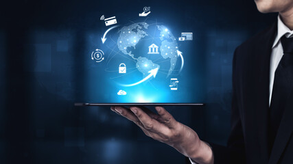 Worldwide digital payment network showing secure financial transactions. Digital payment supports transfer, digital payment ensures security, boosts convenience, drives global finance. Vouch