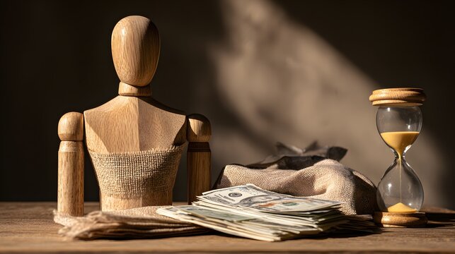Wooden mannequin torso sits beside currency and an hourglass measuring time on a wooden surface
