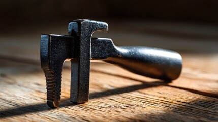 Heavy metal clamp tool rests upon a textured wooden surface illuminated by harsh sunlight