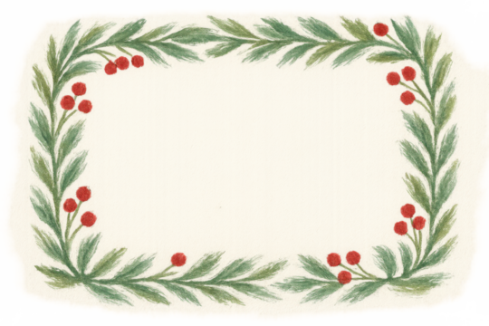 Christmas holly border with red berries and green leaves frame for festive holiday greetings and invitations