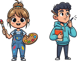 Cute cartoon artists drawing and painting, creative boy and girl illustration, art students holding sketchbook and paint palette