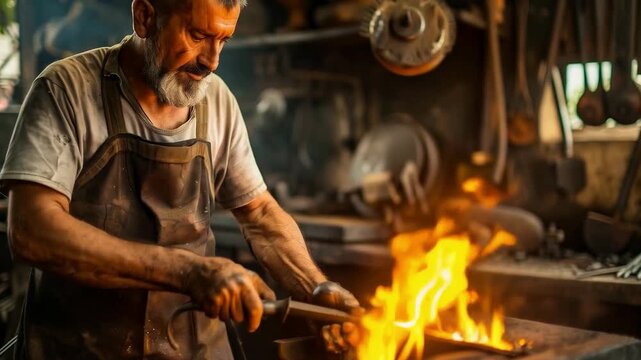 A blacksmith works with red-hot metal in a forge. Ideal for articles about crafts, traditional professions, blacksmithing, as well as educational materials about metalworking and the history of techno