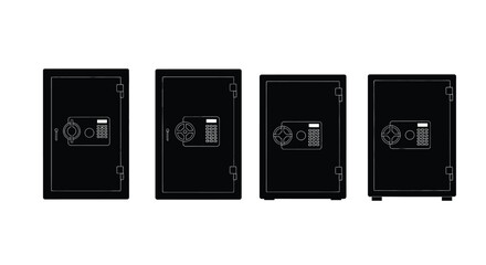 Fototapeta premium Four black safes isolated on white background, each with unique lock design