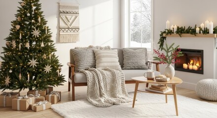Cozy Modern Christmas Living Room with Fireplace.