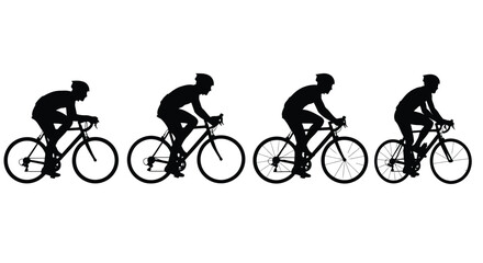 Four cyclists riding bikes isolated on white background, in silhouette form