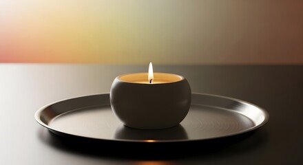 A single lit candle in a minimalist round holder on a silver tray, creating a serene and calming atmosphere with soft ambient lighting