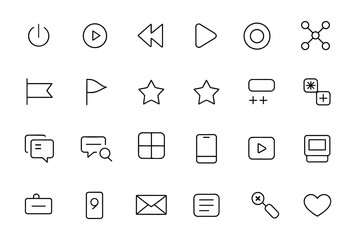 Collection of Minimalist Line Icons for UI Design and Mobile Applications Featuring Essential Symbols for User Interface and App Development Emphasizing Simplicity and Modern Aesthetics