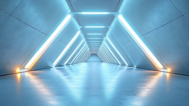 Futuristic white hallway tunnel with triangle design and illuminating vibrant neon light - Powered by Adobe