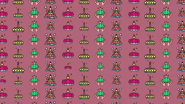Colorful seamless pattern of lotus flowers, candles, and hands holding krathong, symbolizing Thai Loy Krathong festival and peace.