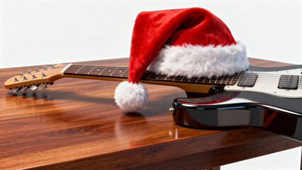 Christmas hat resting on electric guitar on wooden table  