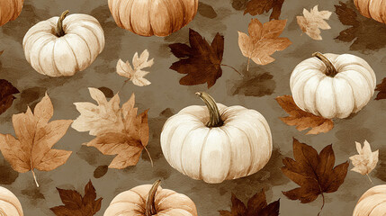 Autumnal arrangement of pumpkins and leaves, creating a cozy fall ambiance. The composition features various pumpkins alongside falling foliage