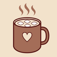 Warm hot chocolate drink in a brown mug, featuring a heart design