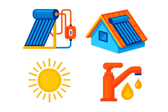 Eco Construction Icons. Isometric vector illustration set Eco construction – solar water heater, evacuated tube collector, storage
