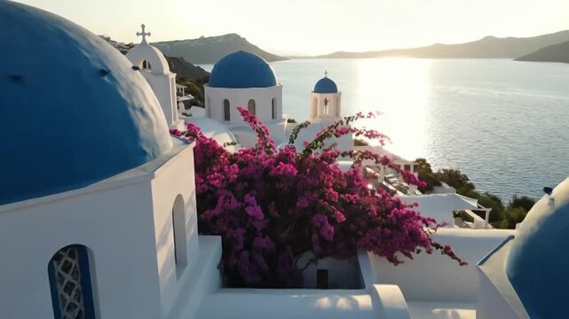 Santorinis Iconic Architecture and Bougainvillea Blooms - A Greek Island Paradise.