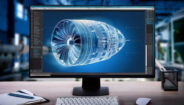 close up of a desktop computer monitor screen with 3d cad software with prototype jet engine project