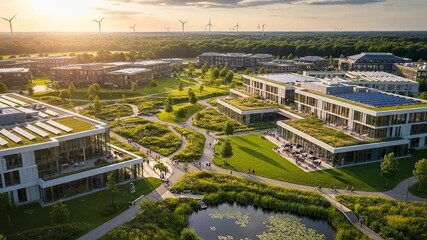 Modern Corporate Campus with Green Roofs and Sustainable Design.