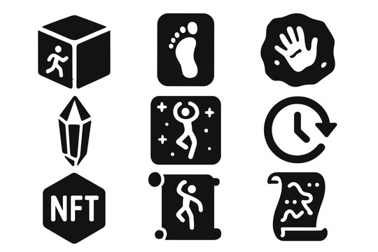 Performance Capture Artifacts. Solid style icons of performance capture relics: motion relic cube, archived step token, gesture