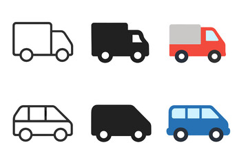 Minimalist Vehicle Icons. Linear minimalistic truck icon: delivery truck outline with cargo box, uniform line thickness, no fill,