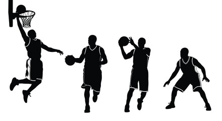 Silhouette of basketball players in action isolated on white background
