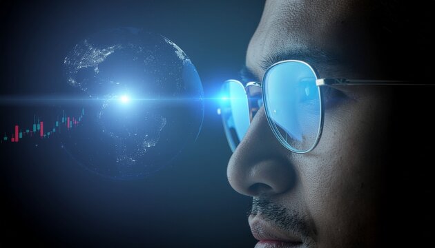 A man wearing glasses contemplates the Earth and a stock graph, symbolizing global business and financial analysis