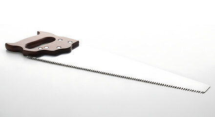 Essential hand saw featuring a robust wooden handle and a gleaming sharp metal blade, an indispensable tool for woodworking, carpentry, and diverse crafting tasks, isolated on a clean white surface