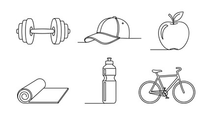 Collection of New Year, New Me themed icons, including Dumbbell, Cap, Apple, Water Bottle, Yoga Mat, Bicycle