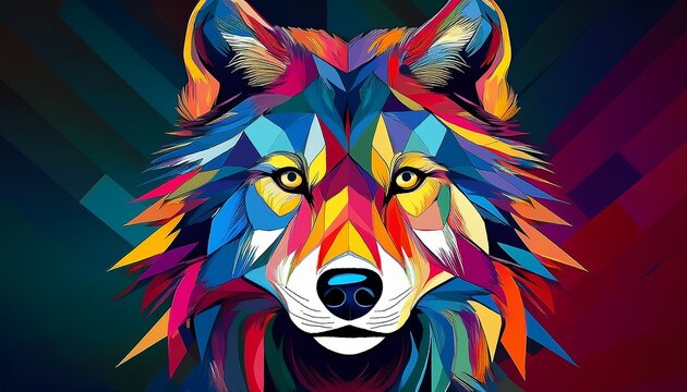colorful wolf face head on geometric pop art style