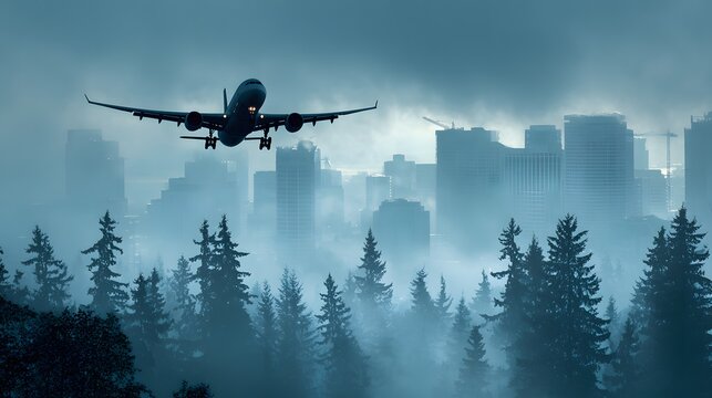 Large commercial aircraft approaches landing over a dense forest canopy obscuring a distant urban skyline