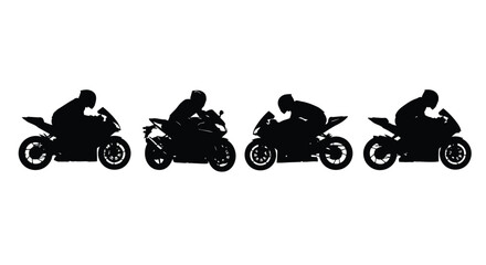 Silhouettes of motorcyclists riding bikes isolated on white background