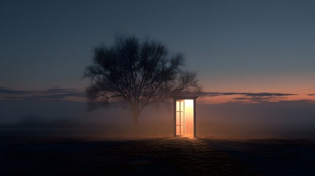 Glowing gateway stands solitary in a misty field beside a dark silhouette of a tree at twilight