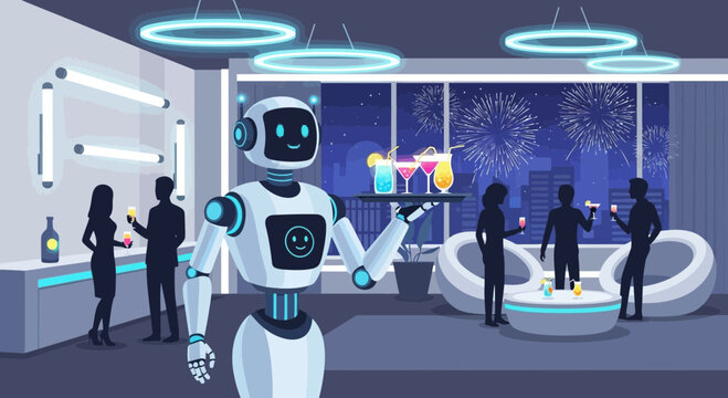 Robot waiter serving cocktails at a night celebration event