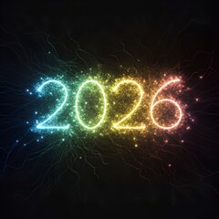 Neon glowing New Year 2026 celebration sign with lights and fireworks