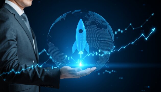 A conceptual image of a person in a suit holding a globe with a rocket launching upwards