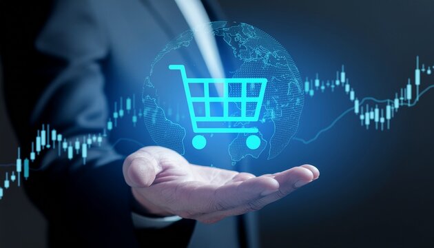 A person presenting a shopping cart icon with stock market chart