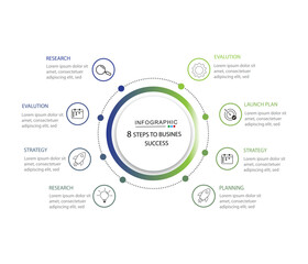 Business infographic template design. 8 options or steps timeline infographic design. Can be used for process diagram,	