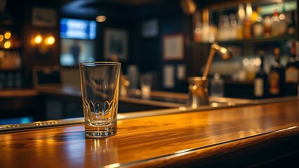 highball. Polished wooden bar counter with an empty highball glass, evoking a classic and moody pub ambiance. bar promotions, beverage menus, designed for product packaging and bar promotions.