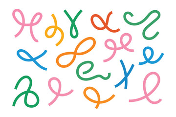 Abstract organic color line shapes forming playful squiggle patterns. Fun kid graphic wave strokes for party backgrounds, modern doodle art, decoration, and creative design.