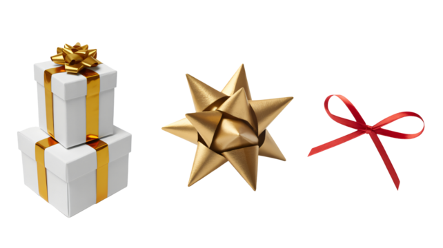 Elegant white gift boxes with gold ribbon and festive bows ready for celebration, making any occasion special