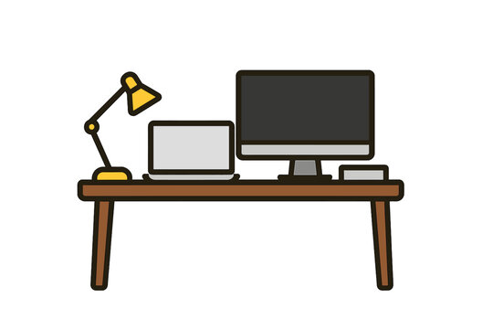 Minimalist Desk Icons. Linear minimalistic minimalist desk icon: clean desk surface, laptop, monitor, cable management box, desk