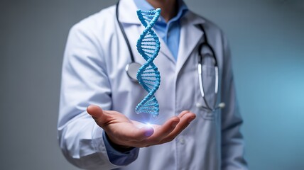 Medical professional holding a glowing DNA helix in their palm symbolizing genetic research