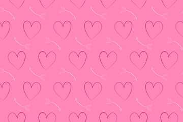 Sweet seamless vector pattern featuring simple pink heart outlines and white Cupid's arrows on a solid bubblegum background, ideal for Valentine's Day gift wrap or baby textile design.